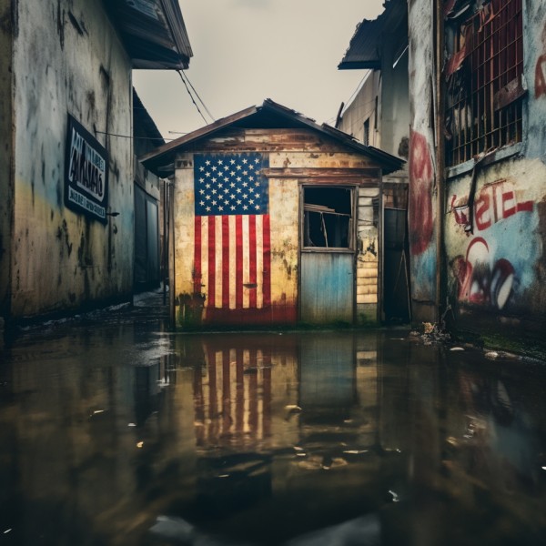American house flooded in dystopian scene